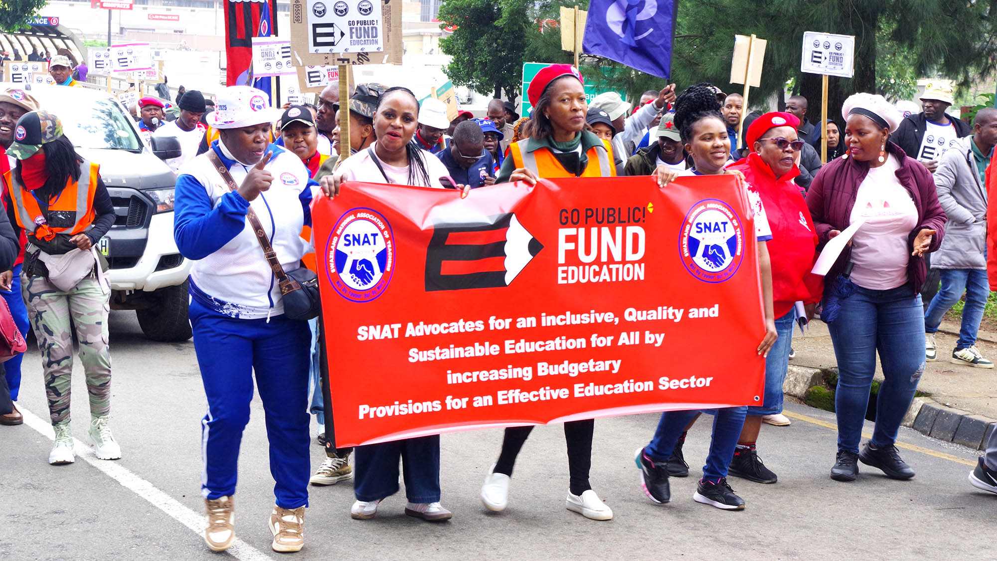 SNAT members display a banner during their march to the Ministry of Education and Training. (Pics: Joseph Zulu)
